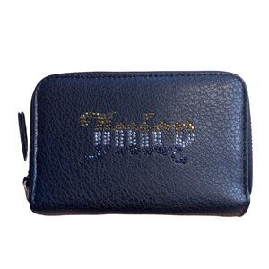 Black Faux Leather Rhinestone Studded Wallet With Double Zipper Closure & Gold D